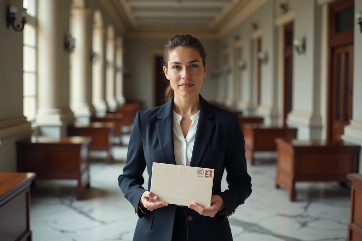 Administratrice judiciaire tenant une enveloppe officielle dans un couloir de tribunal français