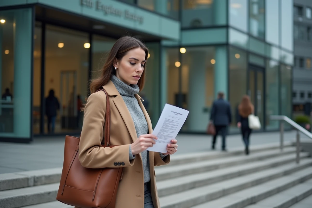Jeune femme sortant d'une agence pour l'emploi avec un document après rupture de contrat en période d'essai