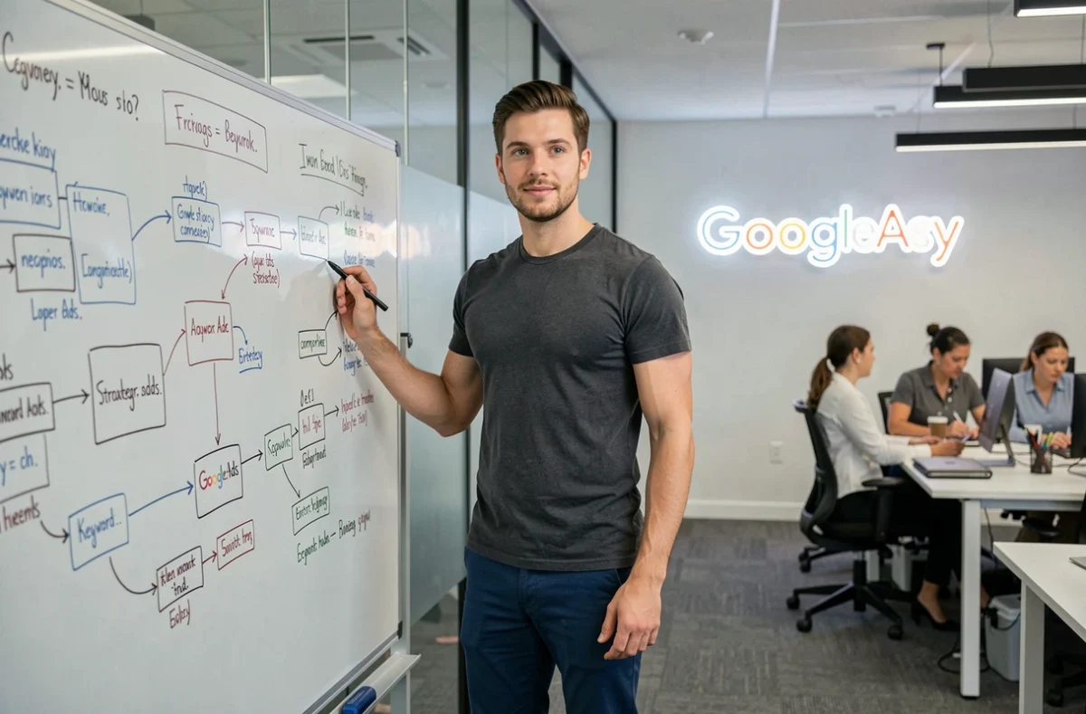 Stratège digital de l'agence SLASHR présentant une stratégie Google Ads sur un tableau blanc