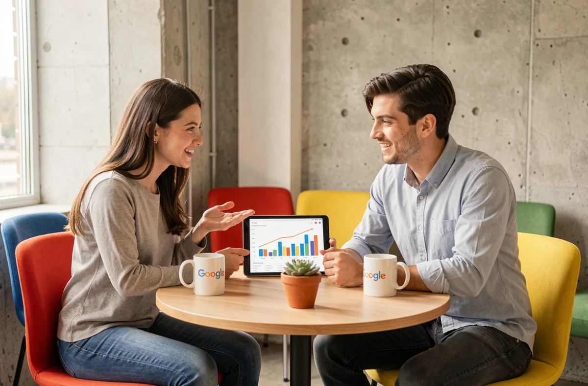 Équipe de l'agence SPRITZ collaborant sur des campagnes Google Ads autour d'une tablette