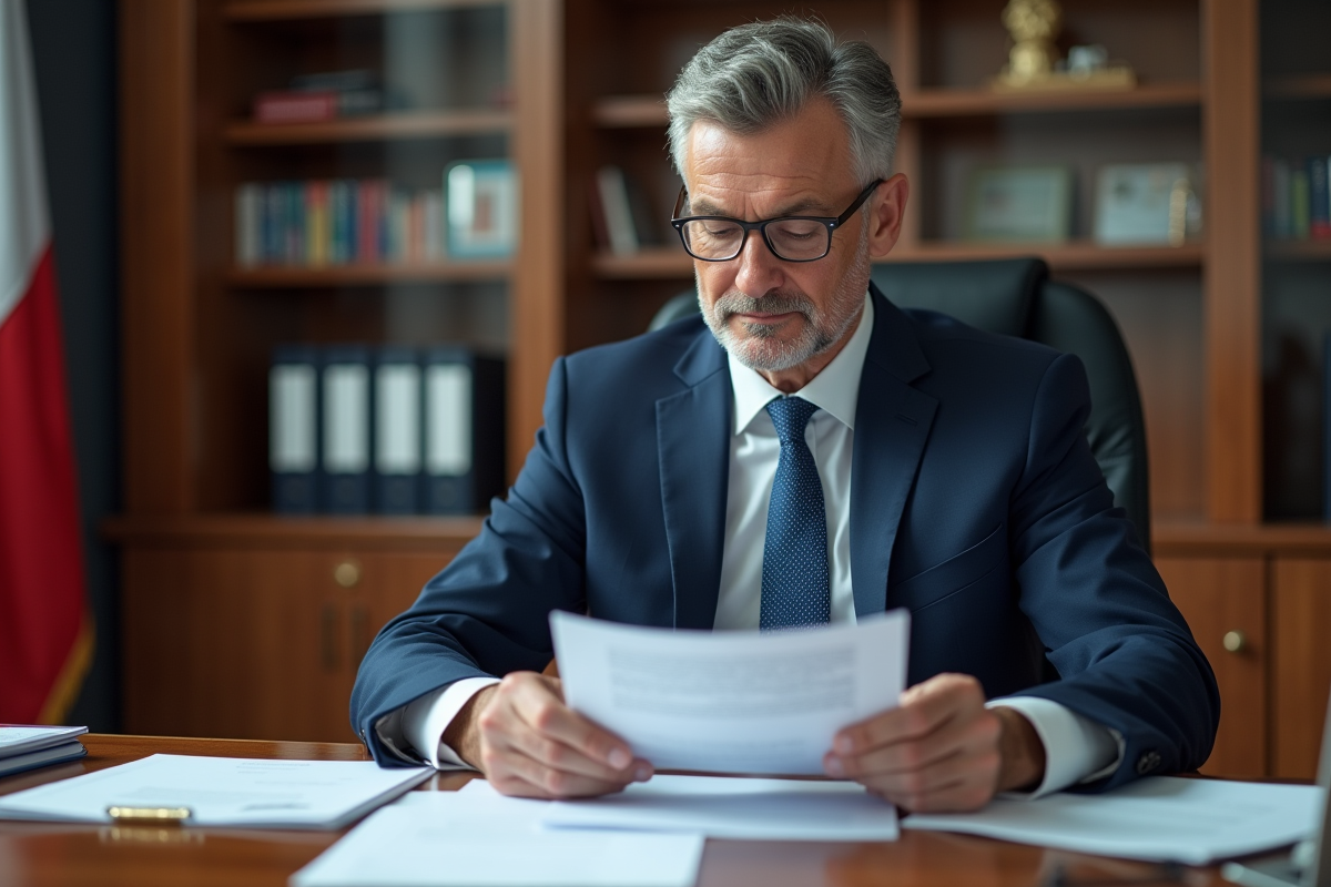 Agent de douane en costume navy lisant des documents officiels