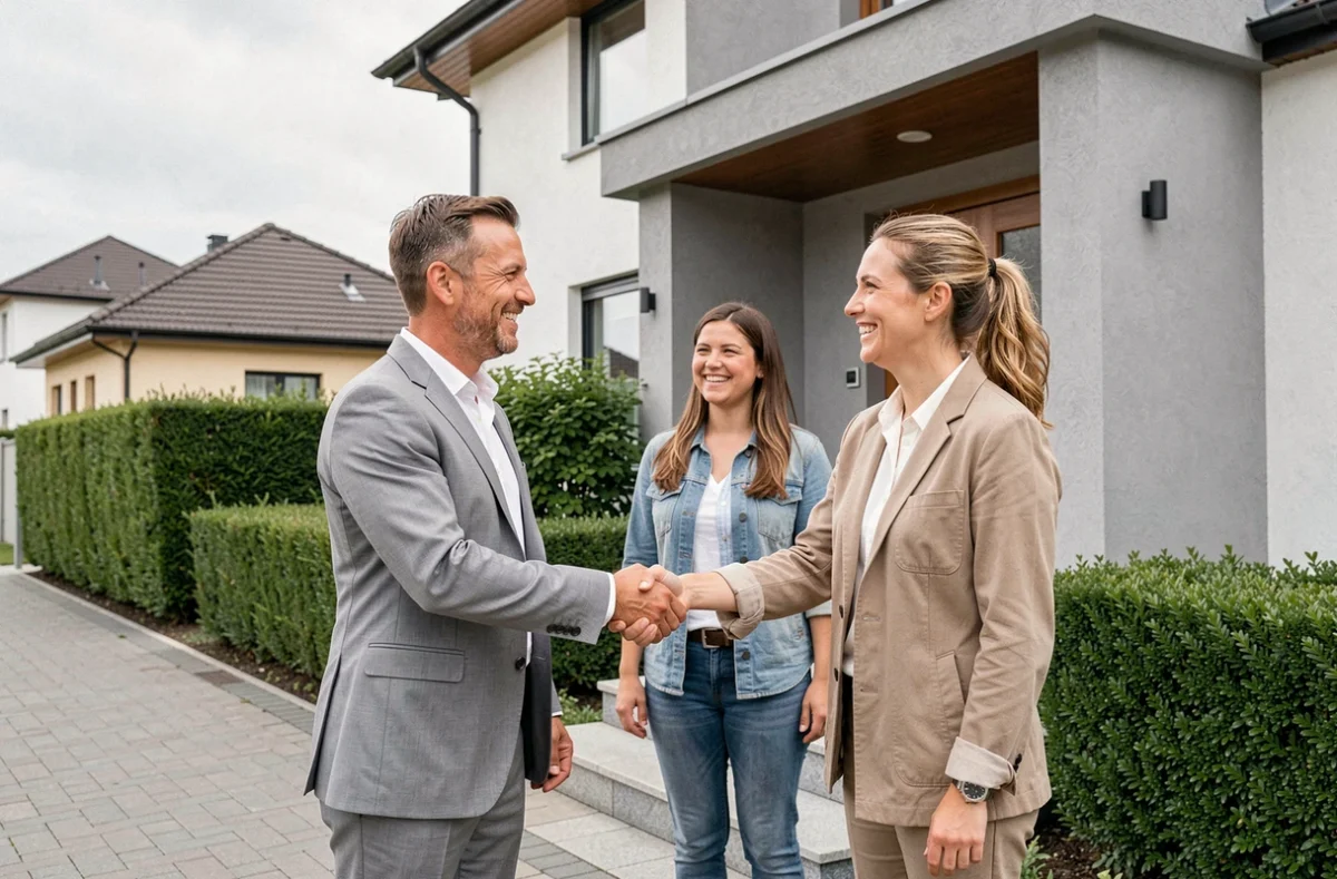 Agent immobilier indépendant en portage salarial remettant les clés à un couple devant une maison contemporaine