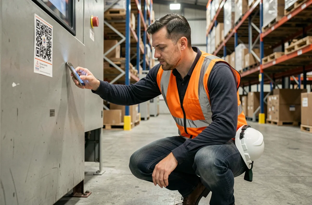 Agent de maintenance scannant un QR code sur un équipement industriel avec son smartphone dans le cadre de l'adoption d'un GMAO mobile