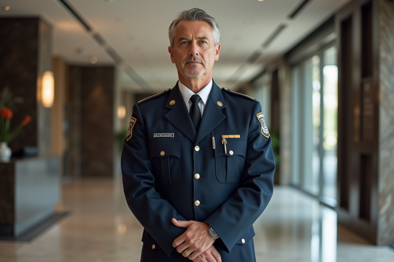 Agent de securite en uniforme dans un lobby moderne