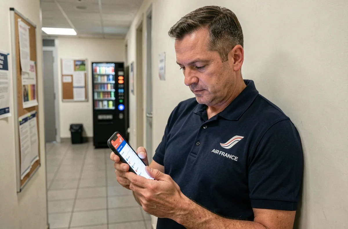 Agent au sol Air France consultant l'application mobile Easy RH dans une zone de pause du personnel aéroportuaire