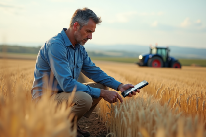 Agronome au champ de bl&eacute; avec capteur num&eacute;rique