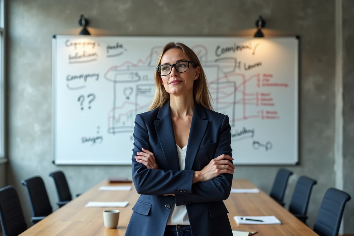 Analyste financière debout devant un tableau blanc rempli de diagrammes et questions sur une entreprise d'investissement, dans une salle de réunion moderne