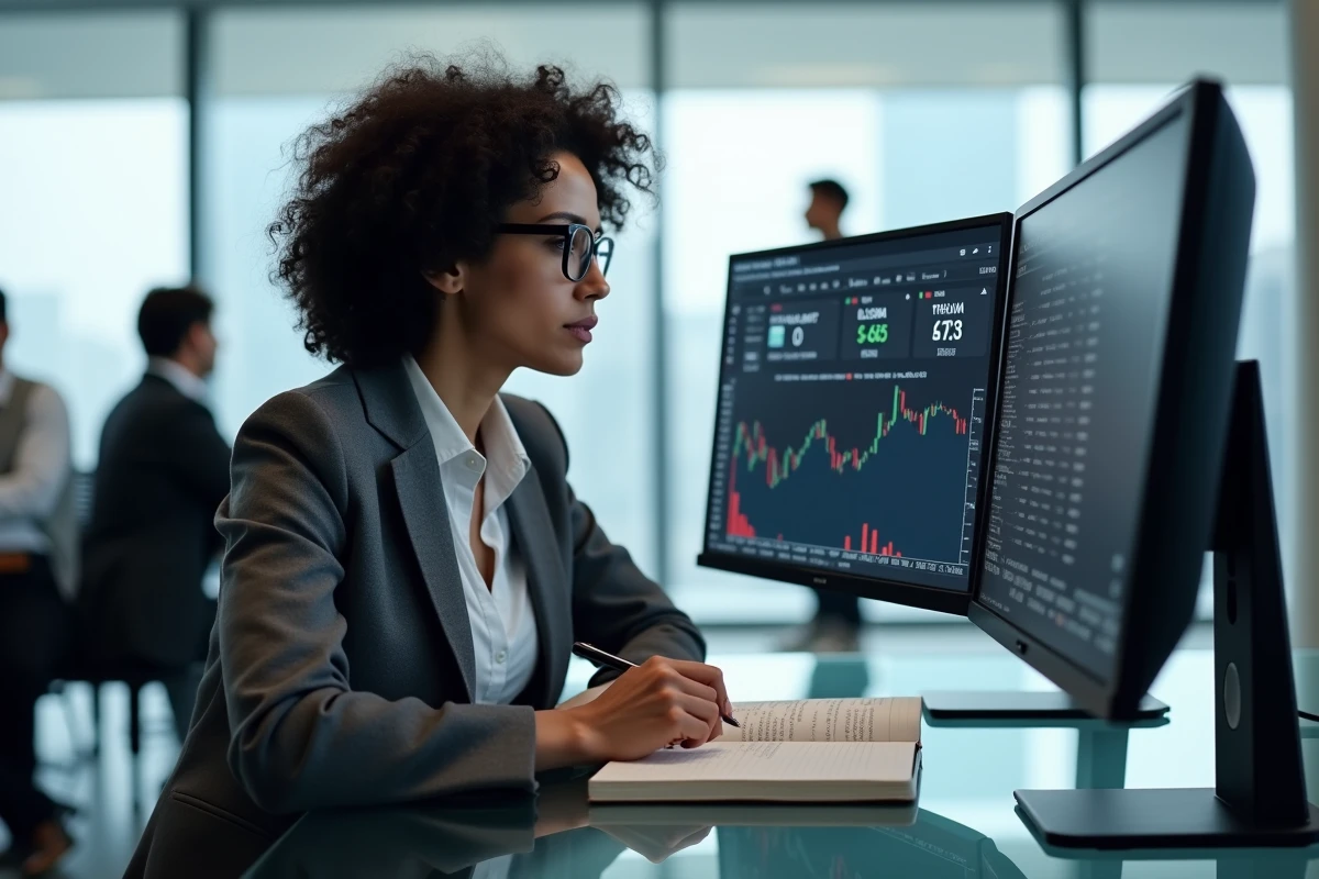 Analyste financière scrutant des avis en ligne sur une plateforme d'investissement douteuse
