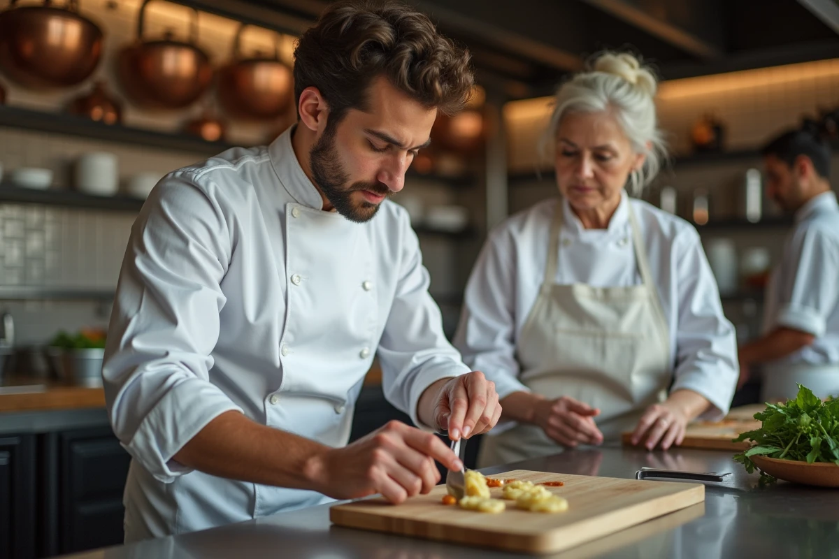 Apprenti cuisinier en période d'essai travaillant sous la supervision d'un chef dans une cuisine professionnelle