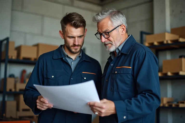 Jeune apprenti et son maître d'apprentissage examinant un contrat d'apprentissage dans un atelier professionnel