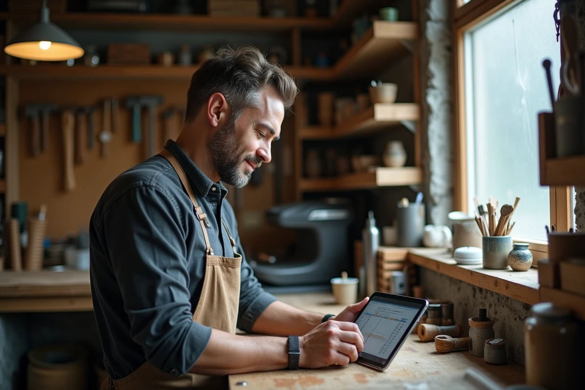 Artisan auto-entrepreneur consultant les plafonds réglementaires 2026 sur tablette dans son atelier