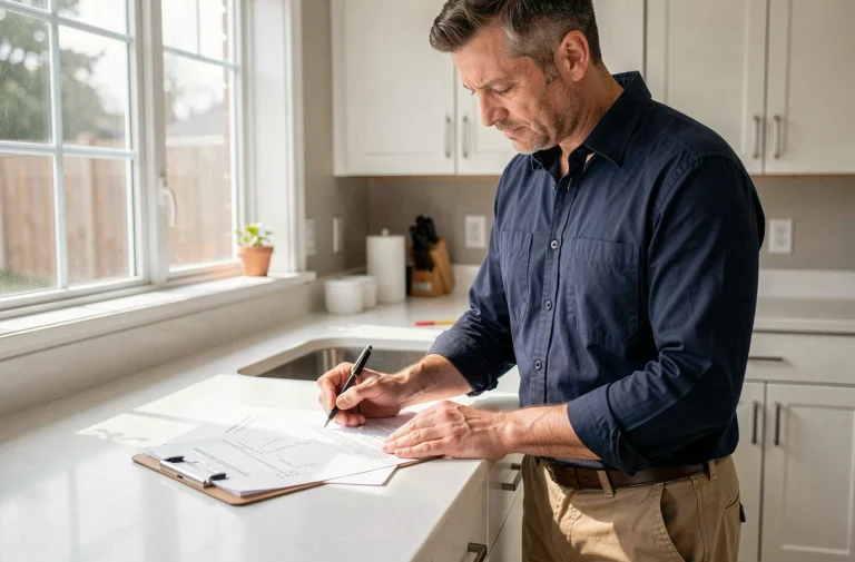 Artisan du bâtiment examinant un devis sur un chantier de rénovation de cuisine