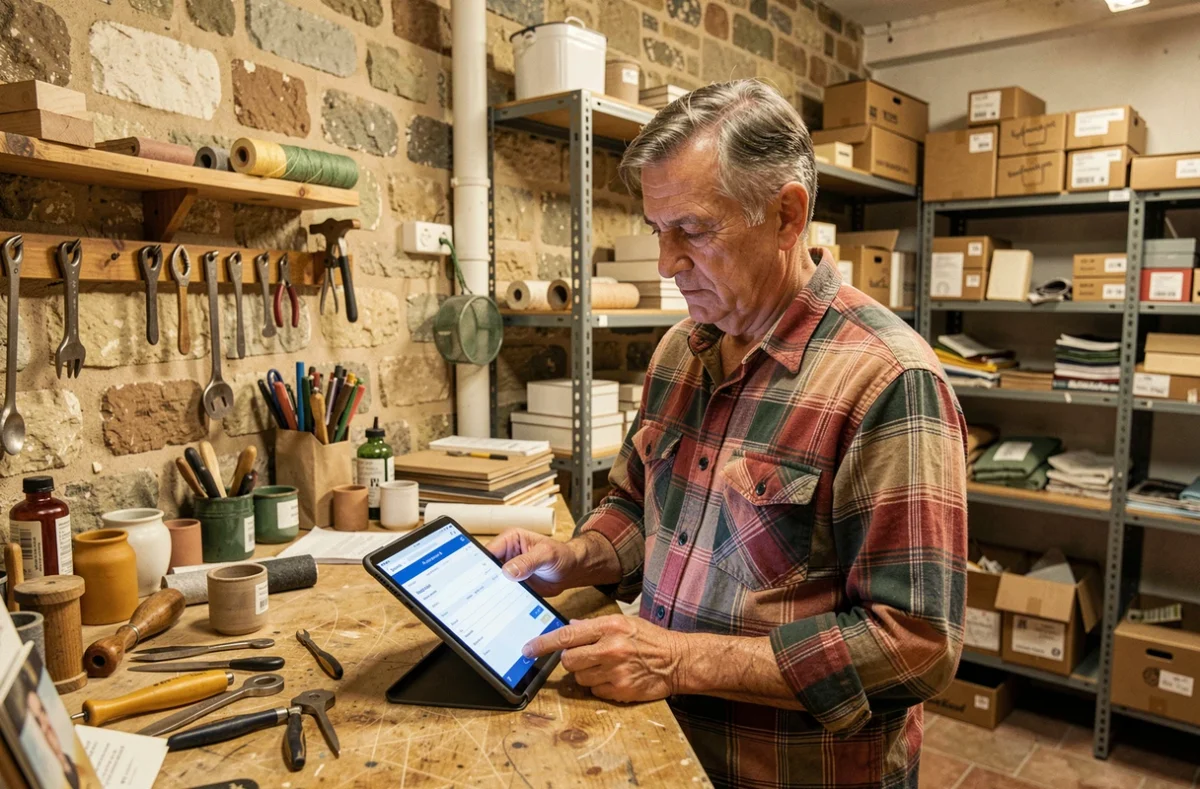 Artisan français utilisant une tablette pour envoyer une facture électronique depuis son atelier