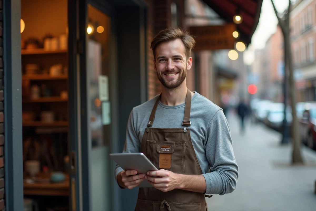 Artisan micro-entrepreneur consultant une assurance professionnelle sur tablette devant son atelier