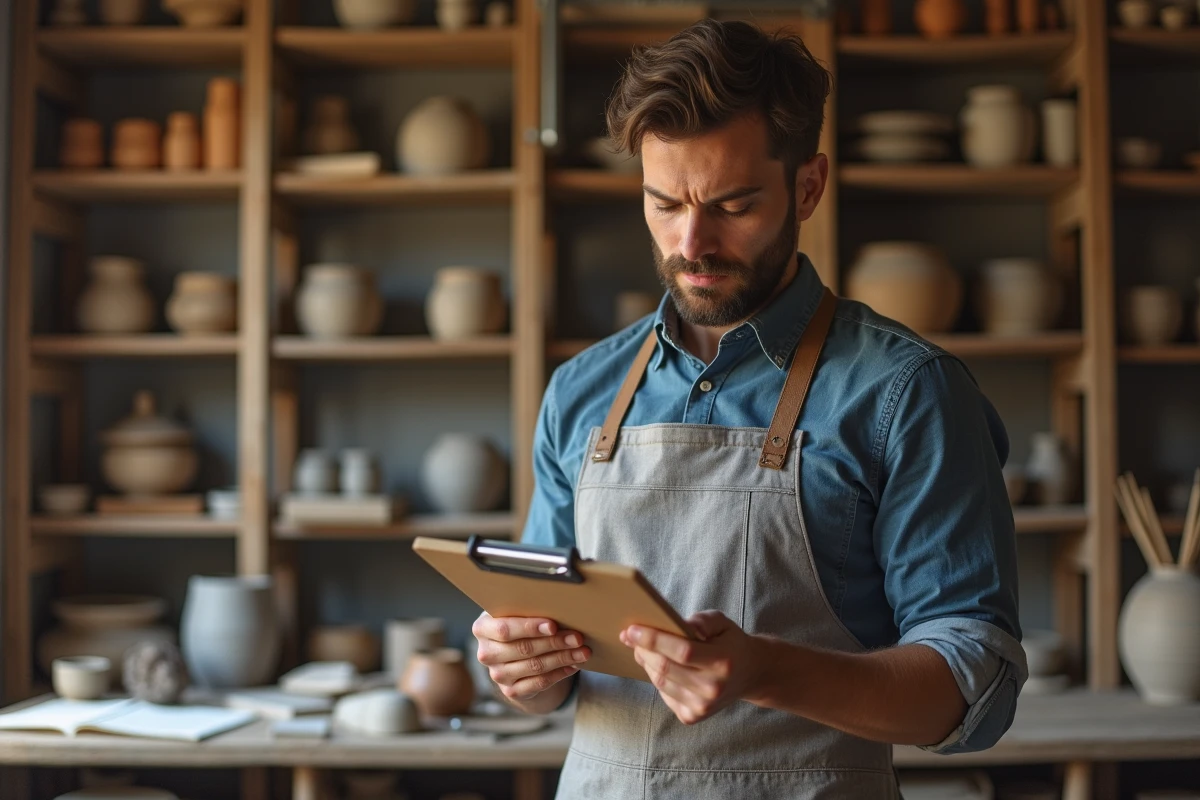 Artisan micro-entrepreneur dans son atelier examinant une facture manuscrite