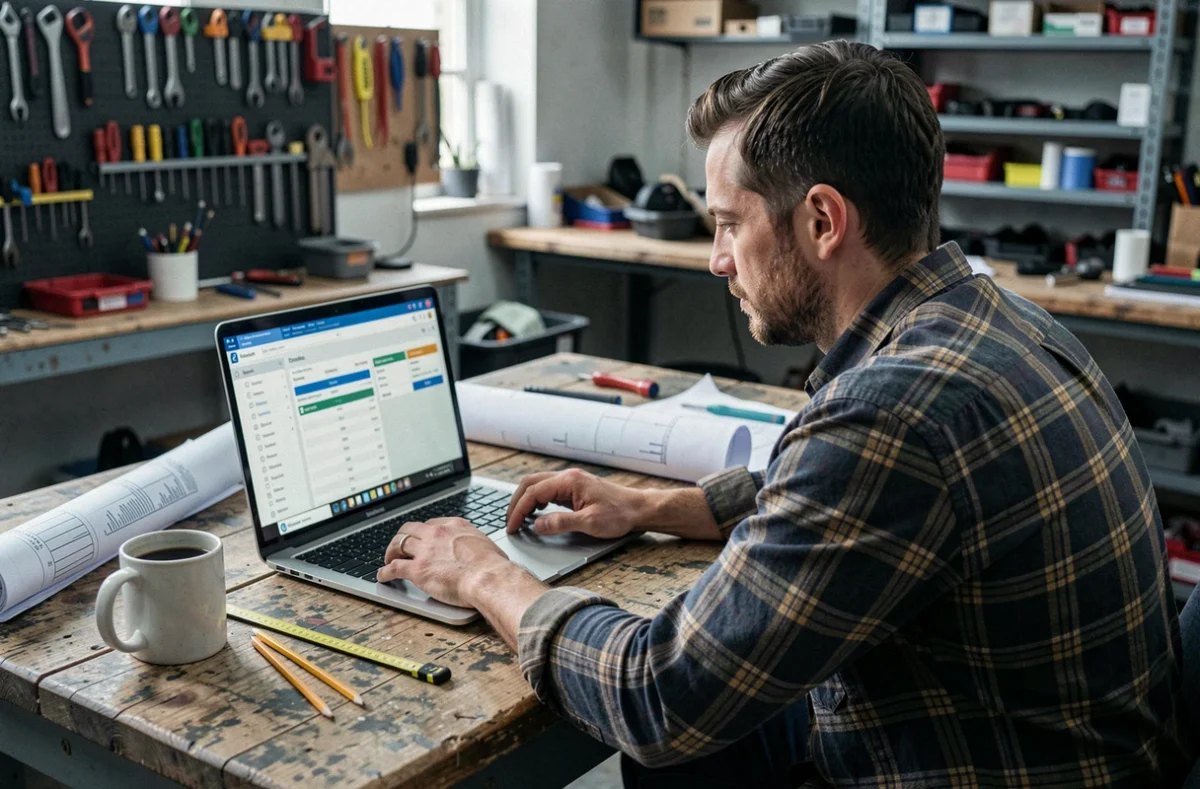 Artisan consultant une plateforme de devis en ligne dans son atelier de travail