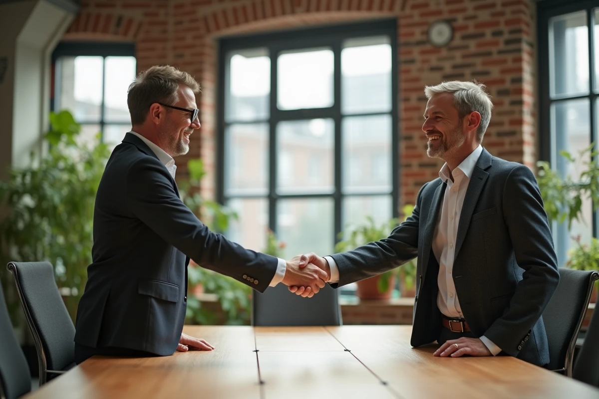 Deux entrepreneurs scellant un accord d'association pour la création d'une SAS dans un espace de coworking moderne