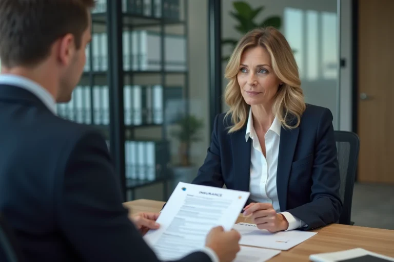 Professionnelle en assurance RC expliquant un contrat à un client dans un bureau moderne