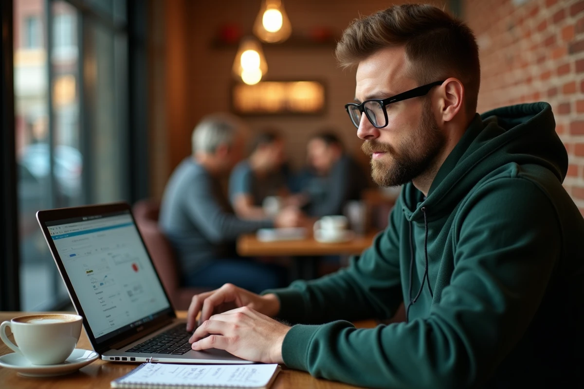 Jeune auto-entrepreneur au café gérant son activité en ligne tout en étant demandeur d'emploi