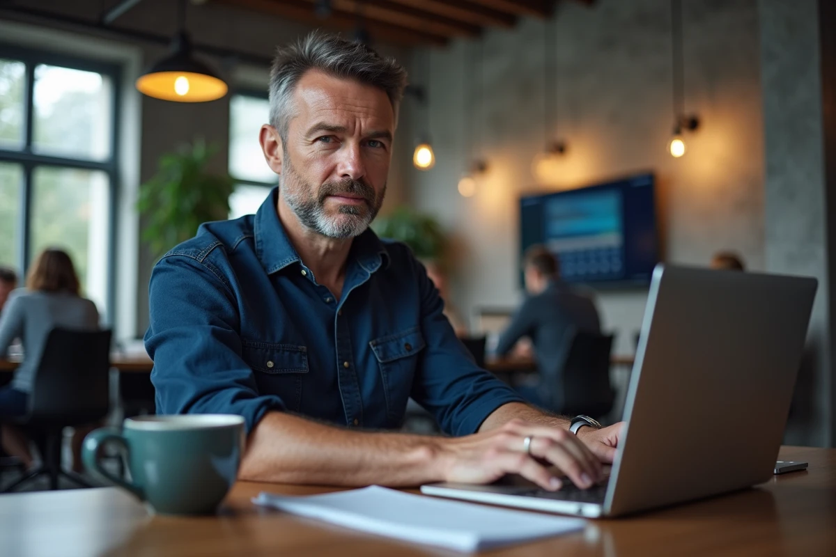 Auto-entrepreneur effectuant ses démarches en ligne sur le site de l'Urssaf dans un espace de coworking