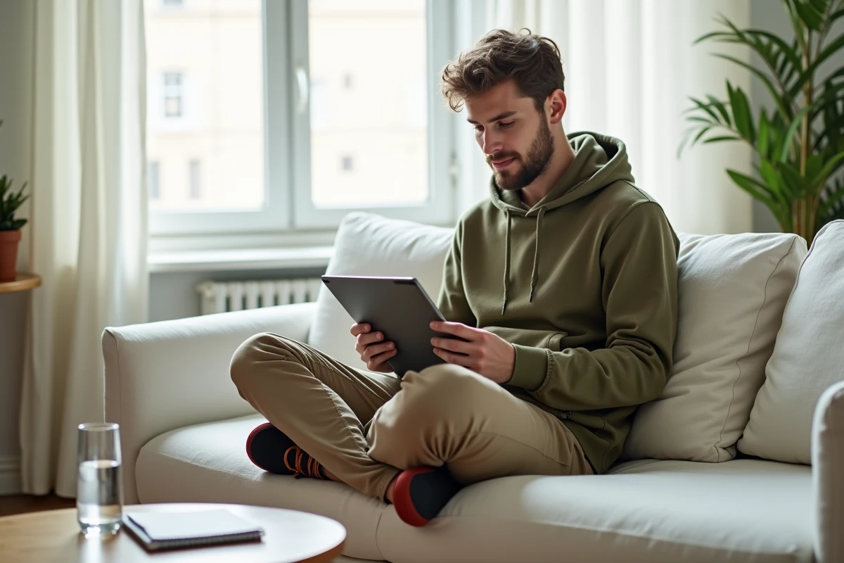 Jeune auto-entrepreneur gérant ses factures sur tablette depuis son appartement