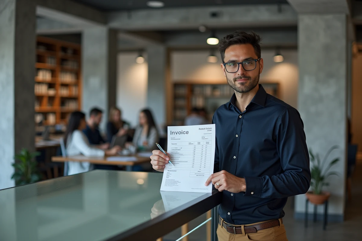 Auto-entrepreneur examinant une facture avec mentions TVA dans un espace de coworking moderne