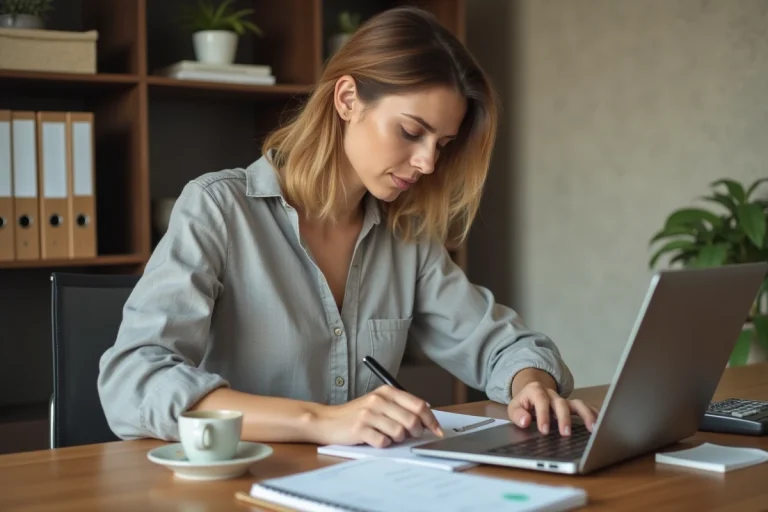 Auto-entrepreneuse émettant une facture sur son ordinateur portable dans un bureau à domicile organisé