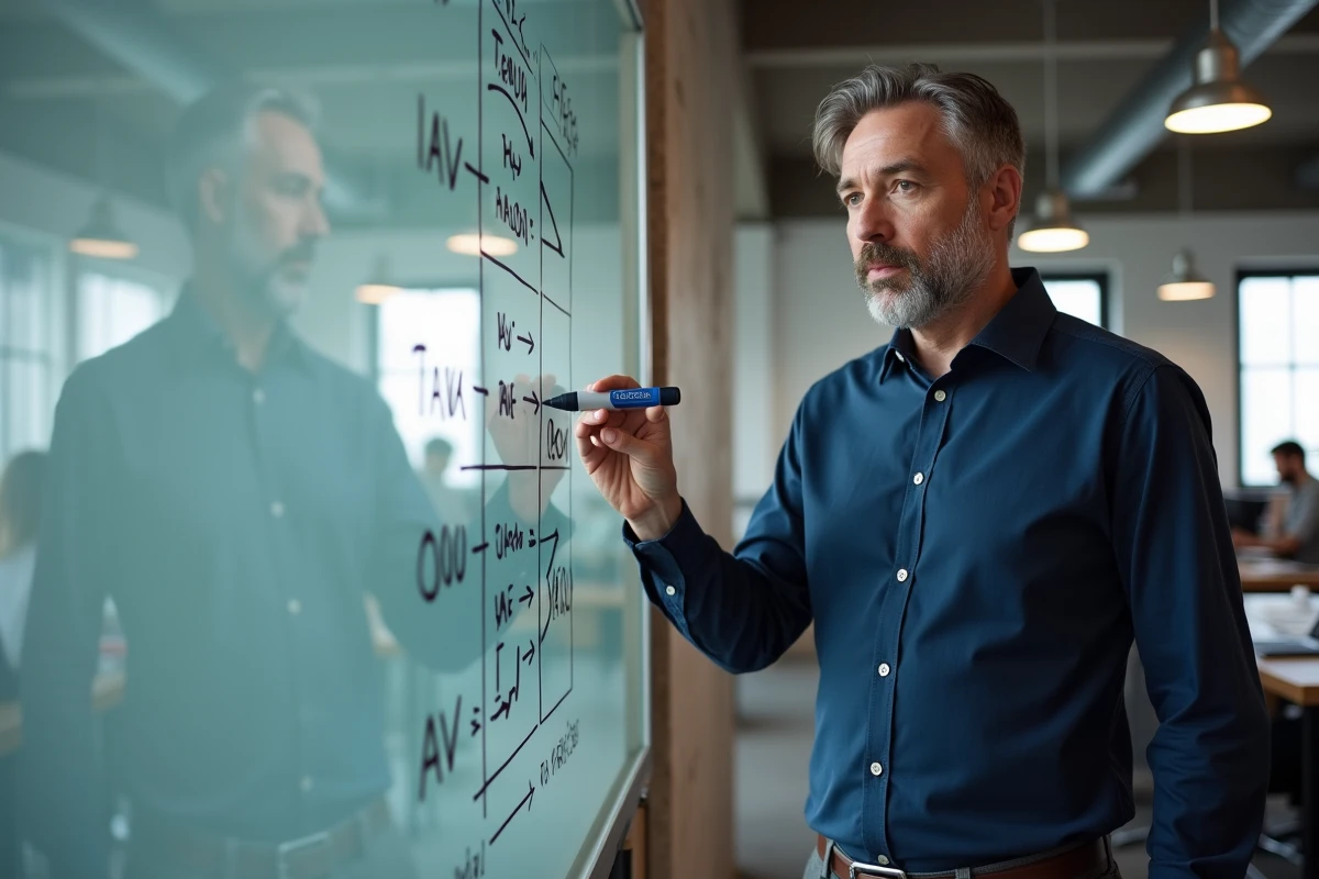 Un auto-entrepreneur expliquant les obligations TVA et les seuils sur un tableau blanc dans un espace de coworking