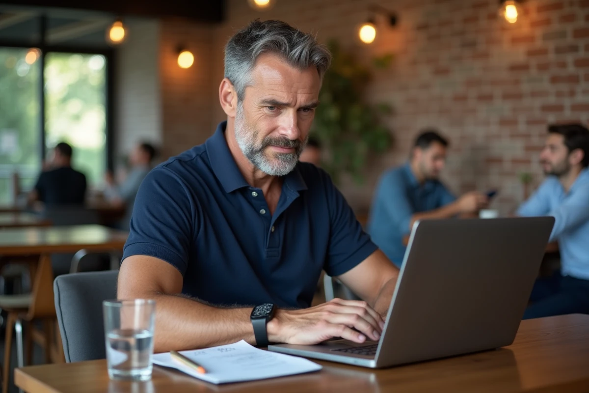 Auto-entrepreneur consultant un tableau de taux de cotisations dans un espace de co-working