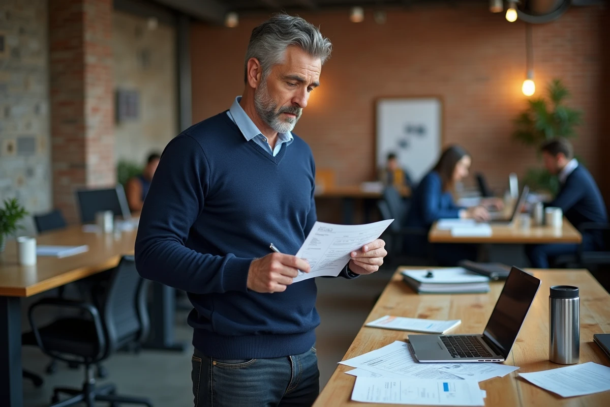 Auto-entrepreneur vérifiant des factures imprimées dans un espace de coworking moderne