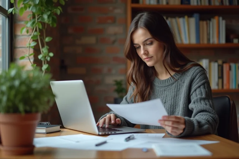 Auto-entrepreneuse consultant des documents d'aide administrative dans son bureau à domicile