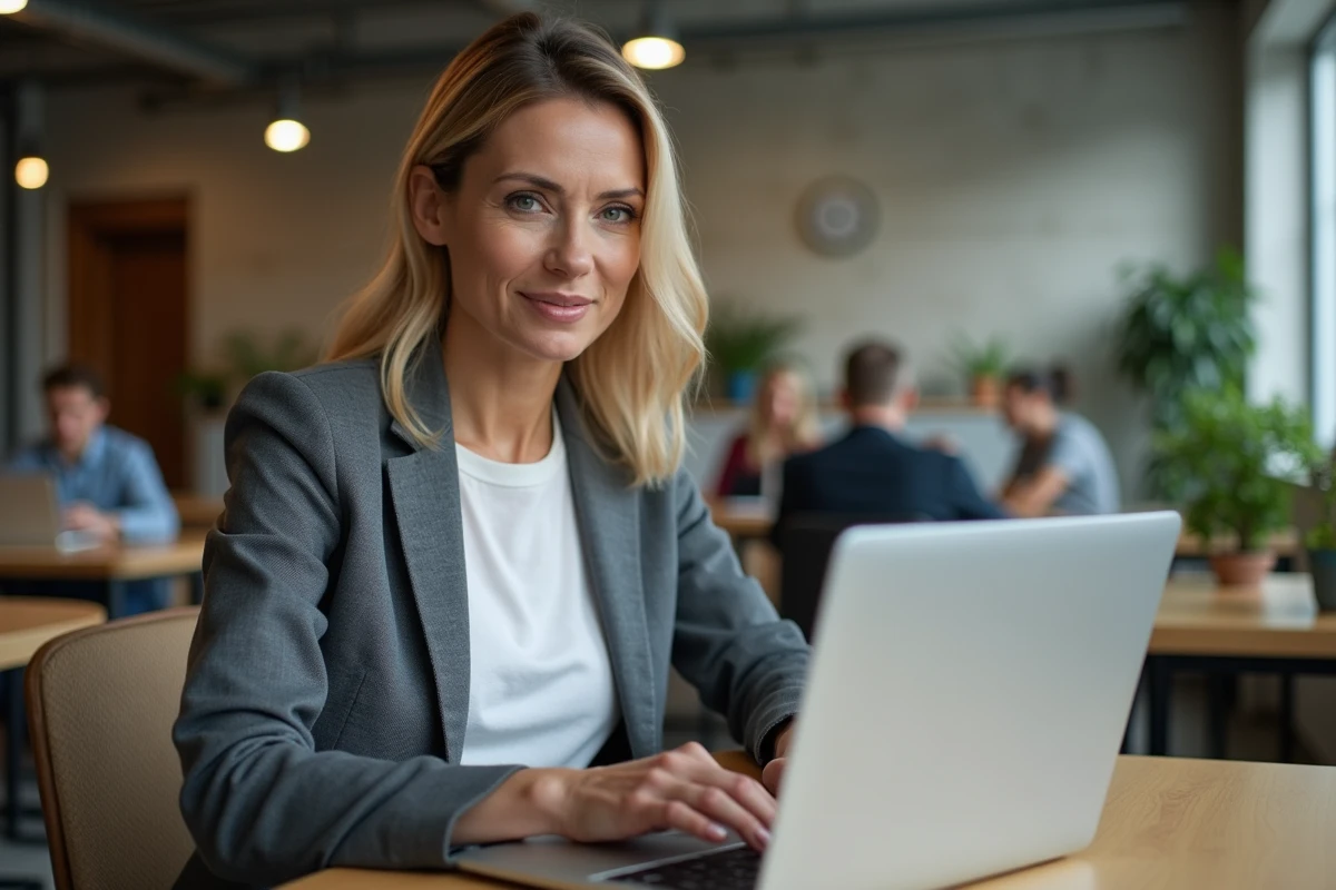 Femme auto-entrepreneur calculant ses cotisations sociales sur un ordinateur portable dans un espace de coworking
