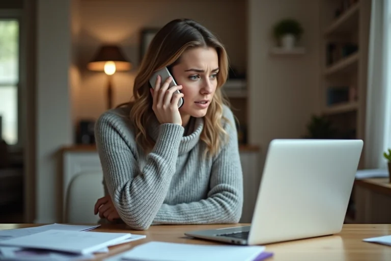 Auto-entrepreneuse contactant l'Urssaf par téléphone depuis son bureau à domicile avec des documents administratifs