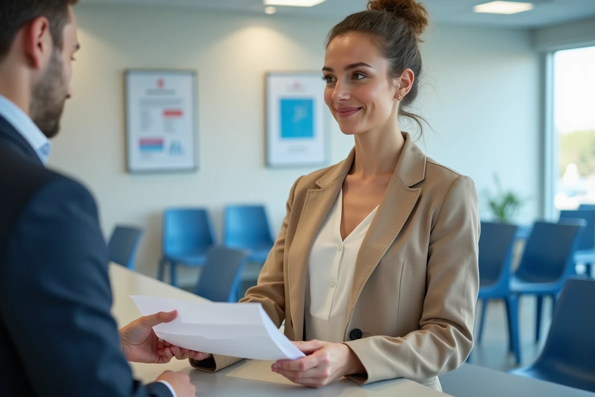 Auto-entrepreneuse déposant un dossier en personne à l'accueil d'un bureau Urssaf