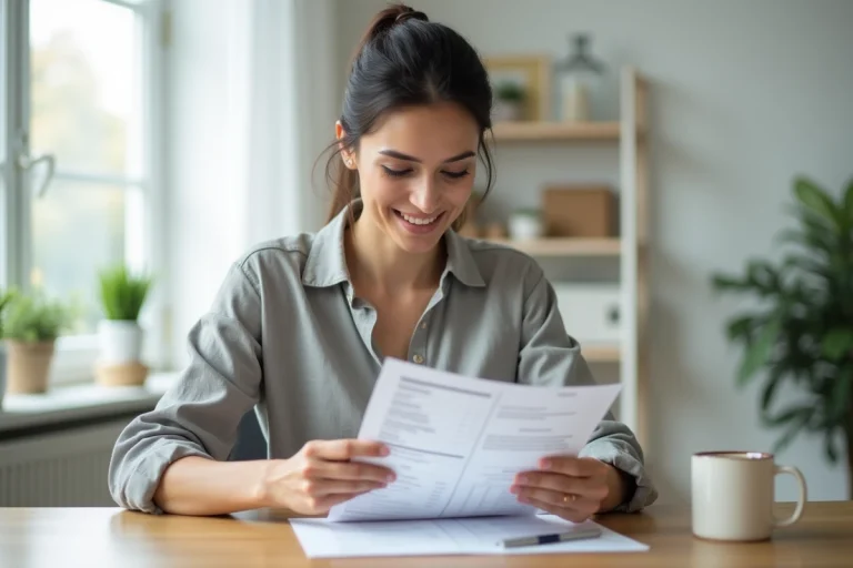 Auto-entrepreneuse consultant une facture avec mentions obligatoires sur son bureau à domicile