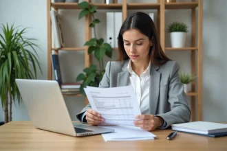 Auto-entrepreneuse vérifiant les mentions obligatoires d'une facture TVA sur son bureau à domicile