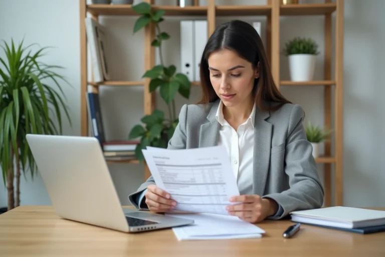 Auto-entrepreneuse vérifiant les mentions obligatoires d'une facture TVA sur son bureau à domicile