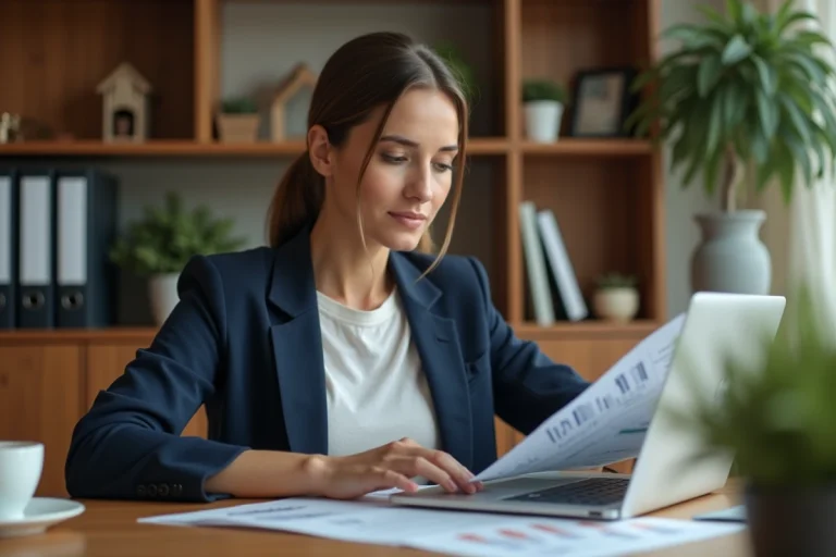 Auto-entrepreneuse consultant ses documents financiers et seuils de chiffre d'affaires 2026 dans un bureau à domicile