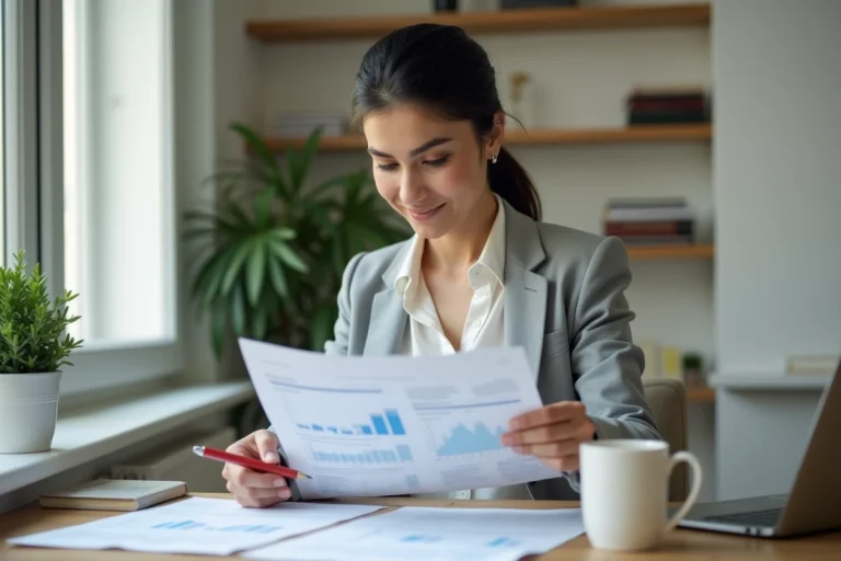 Auto-entrepreneuse analysant le plafond de chiffre d'affaires de sa micro-entreprise sur un ordinateur portable dans un bureau à domicile
