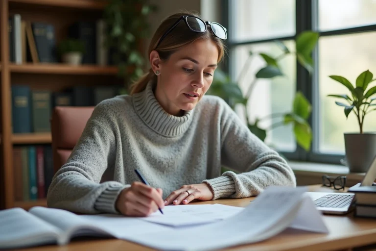 Auto-entrepreneuse consultant des documents sur la TVA et les seuils de franchise à son bureau à domicile