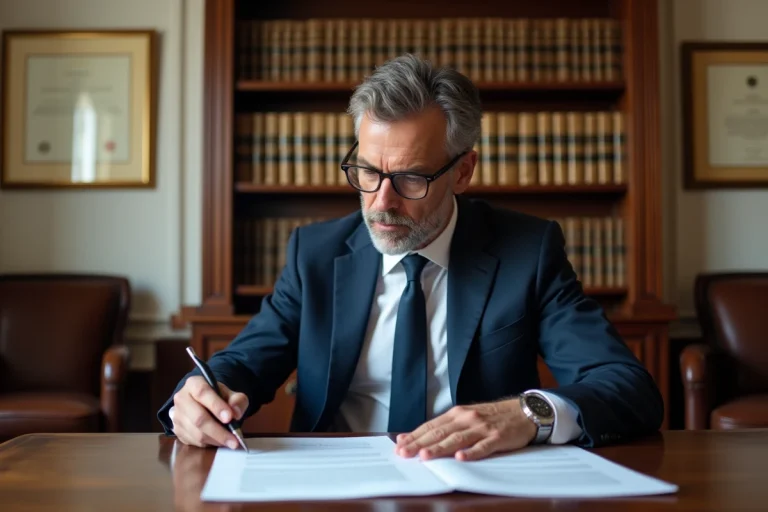 Avocat examinant un contrat de bail commercial dans un cabinet juridique parisien