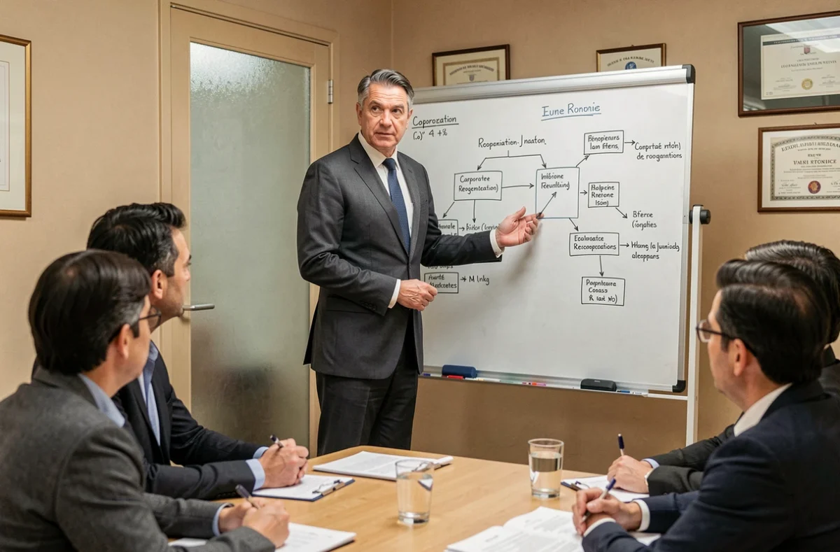 Avocat en droit des affaires présentant une stratégie de restructuration ou de rachat d'entreprise à ses clients dans une salle de réunion de cabinet juridique