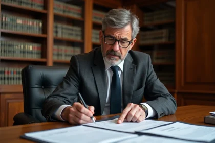 Avocat en costume examinant une clause de non-concurrence dans un contrat de travail dans un bureau juridique