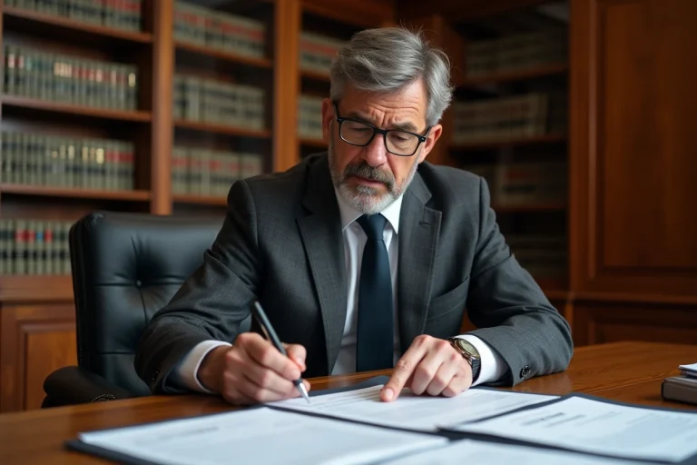Avocat en costume examinant une clause de non-concurrence dans un contrat de travail dans un bureau juridique