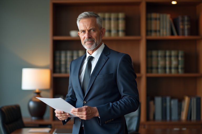 Avocat en costume bleu examinant des documents dans un bureau moderne