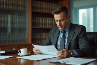 Avocat en costume examinant des documents légaux de dissolution ou liquidation d'entreprise dans un bureau juridique