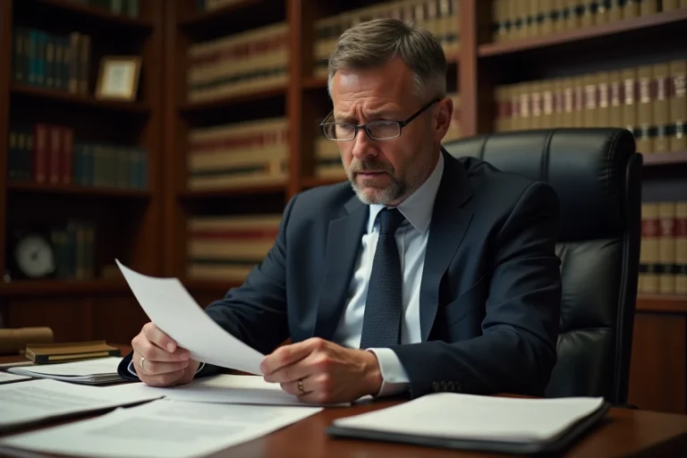 Avocat examinant des documents de liquidation judiciaire dans un cabinet juridique