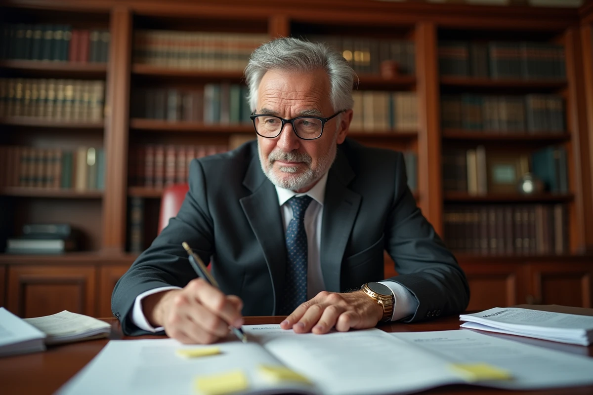 Avocat spécialisé en droit du travail examinant les documents d'une procédure de licenciement pour motif personnel dans son cabinet