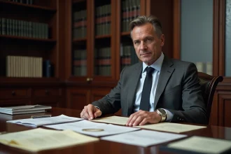Avocat examinant des dossiers de liquidation judiciaire dans un bureau juridique formel