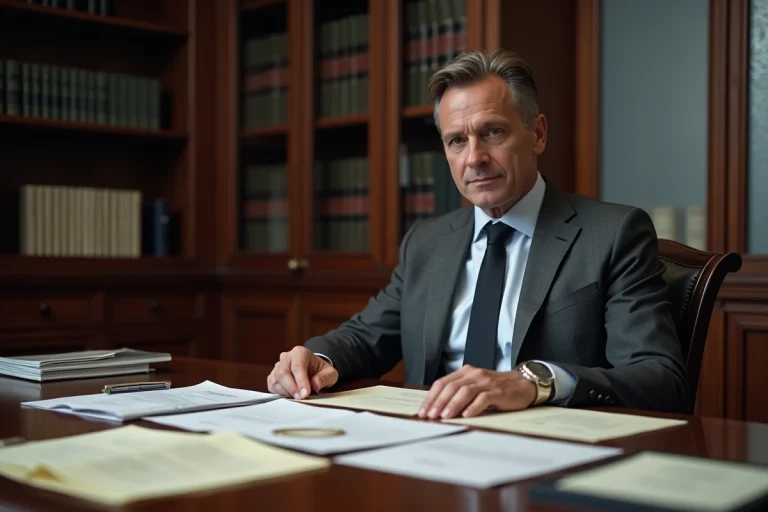 Avocat examinant des dossiers de liquidation judiciaire dans un bureau juridique formel